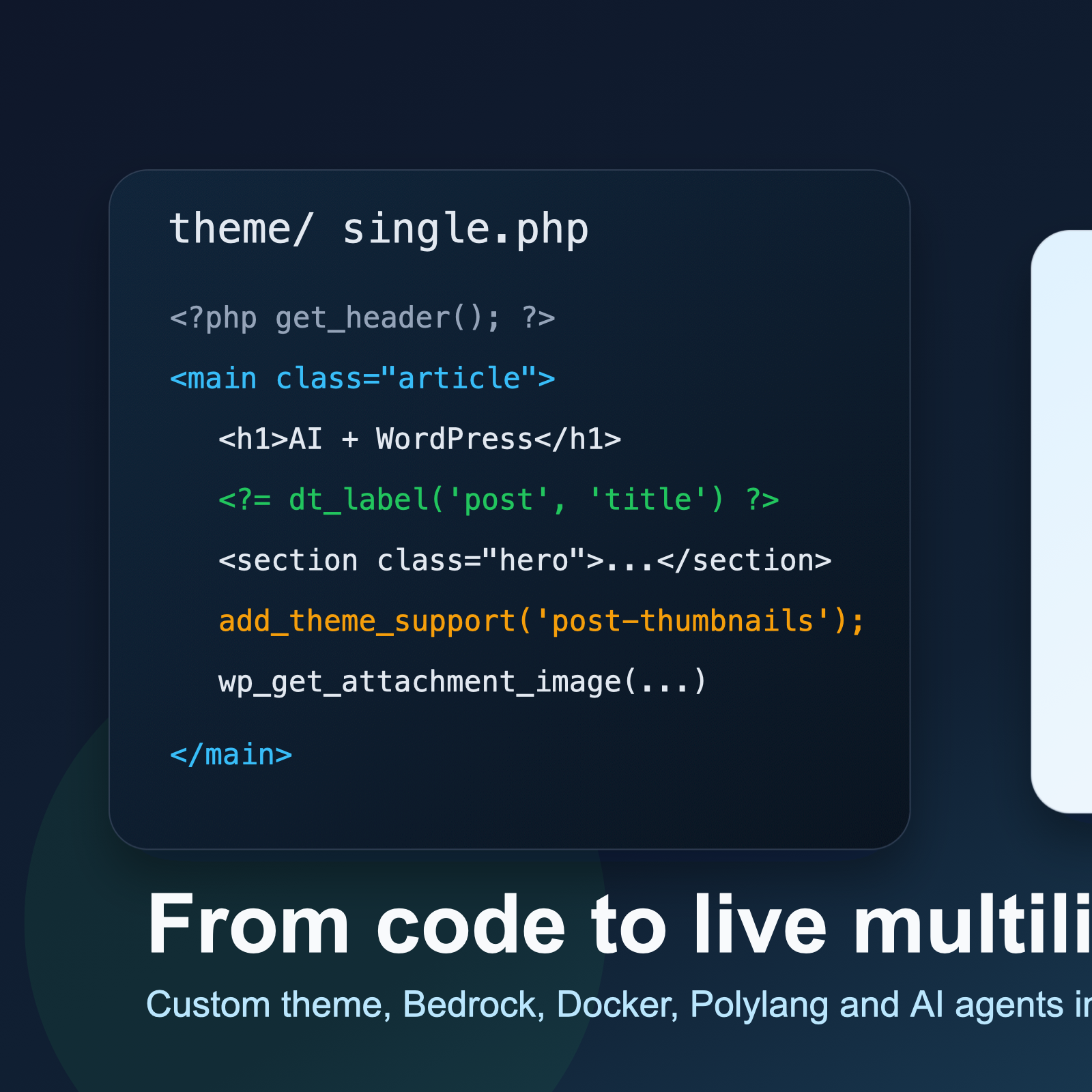 Split-screen illustration showing WordPress theme code, a finished portfolio site, and AI network motifs