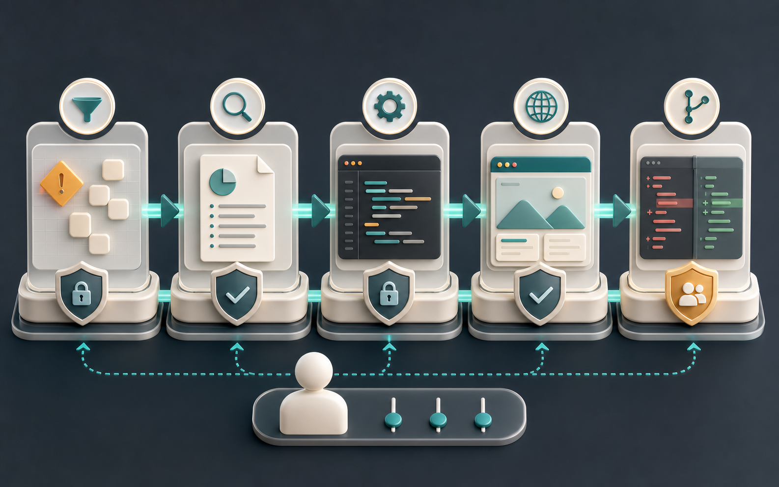 Five-stage visual workflow for safe AI agent development: issue, analysis, implementation, browser testing and pull request review