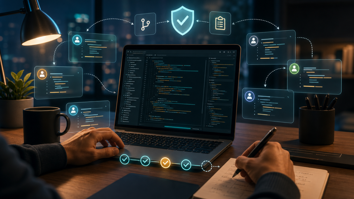 Desarrollador trabajando con agentes de IA, puntos de control de seguridad y revisión en un flujo moderno de desarrollo