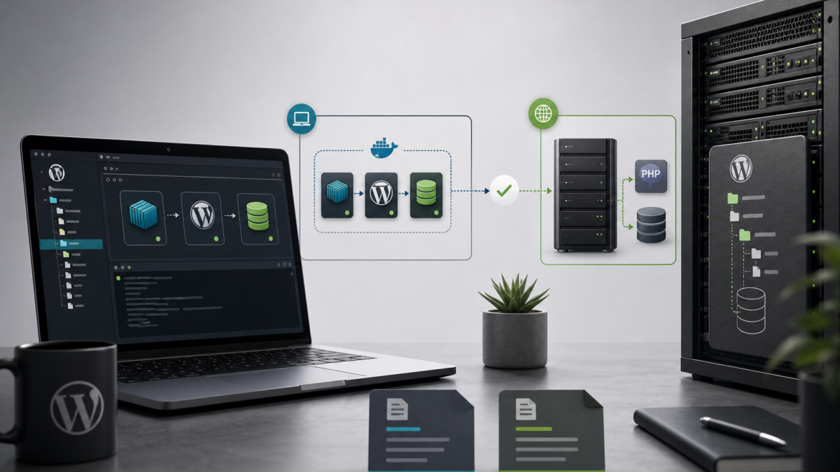 Terminal con docker compose up ejecutándose en un proyecto WordPress Bedrock, junto a los archivos docker-compose.yml y .env abiertos