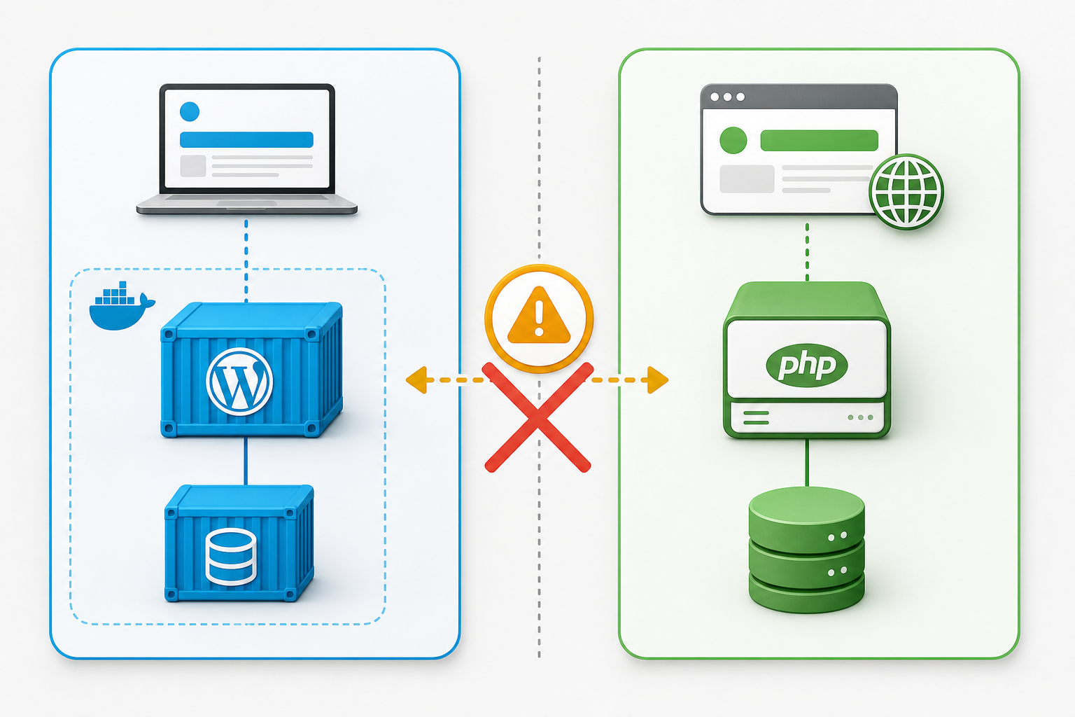 Two separate WordPress Bedrock environments: local Docker Compose with app and database containers, and production shared hosting with PHP and MySQL, divided by a warning marker