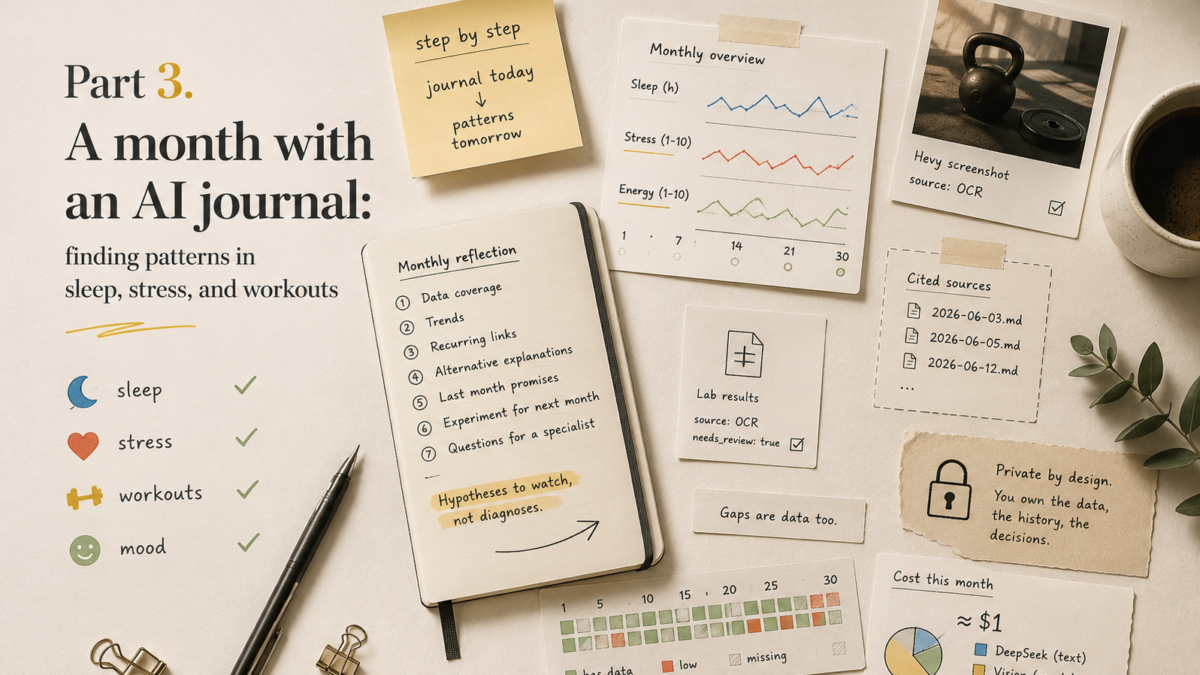 Flat-lay desk hero for part 3: a month with an AI journal, finding patterns in sleep, stress, and workouts, with a notebook of monthly reflection notes, line charts for sleep, stress and energy, sticky notes, a kettlebell photo, cited Markdown sources and a cost-this-month breakdown