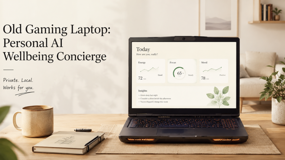 Old gaming laptop on a warm desk showing a personal AI wellbeing journal with energy, focus and mood, captioned private, local, works for you