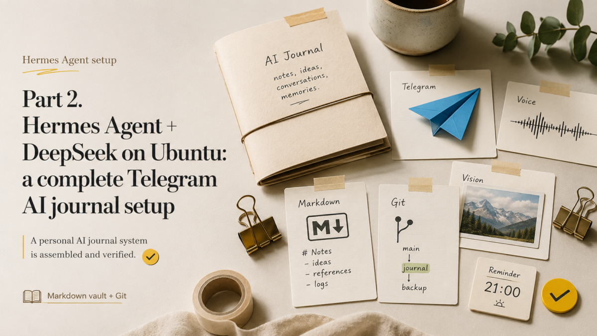 Flat-lay desk hero for part 2: Hermes Agent and DeepSeek on Ubuntu, a complete Telegram AI journal setup, with a notebook labelled AI Journal, coffee, a Telegram paper plane, a voice waveform, Markdown and Git notes, a vision photo and a 21:00 reminder